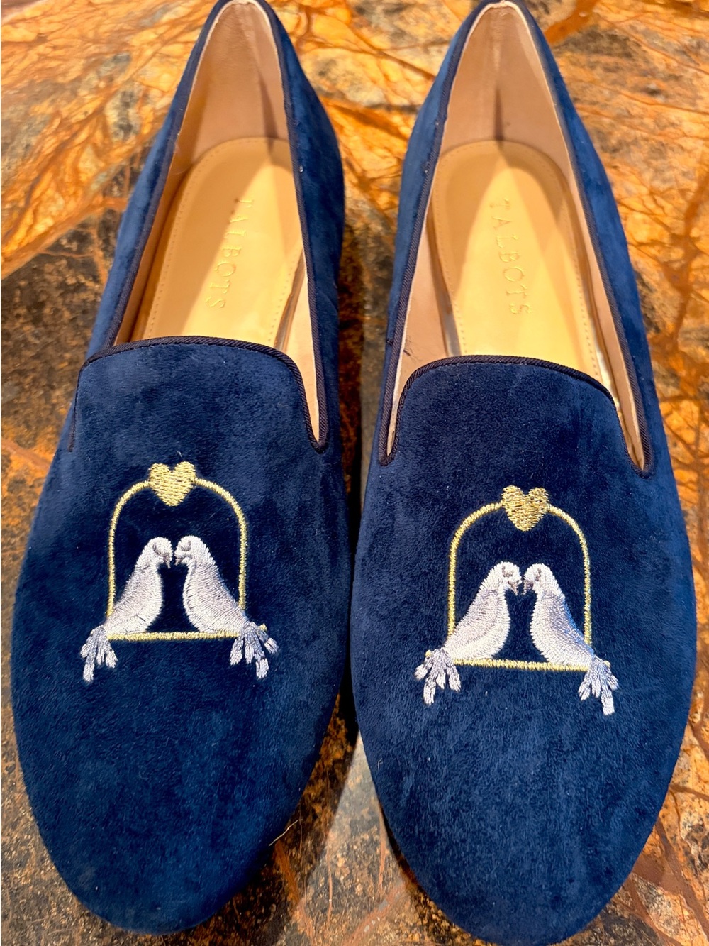 Talbots Navy Suede Embroidered Dove Loafers